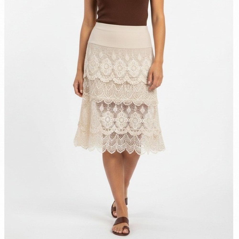 Crochet Lace Tiered Knee Length Skirt M Ivory Cotton Boho Festival NWT Solitaire